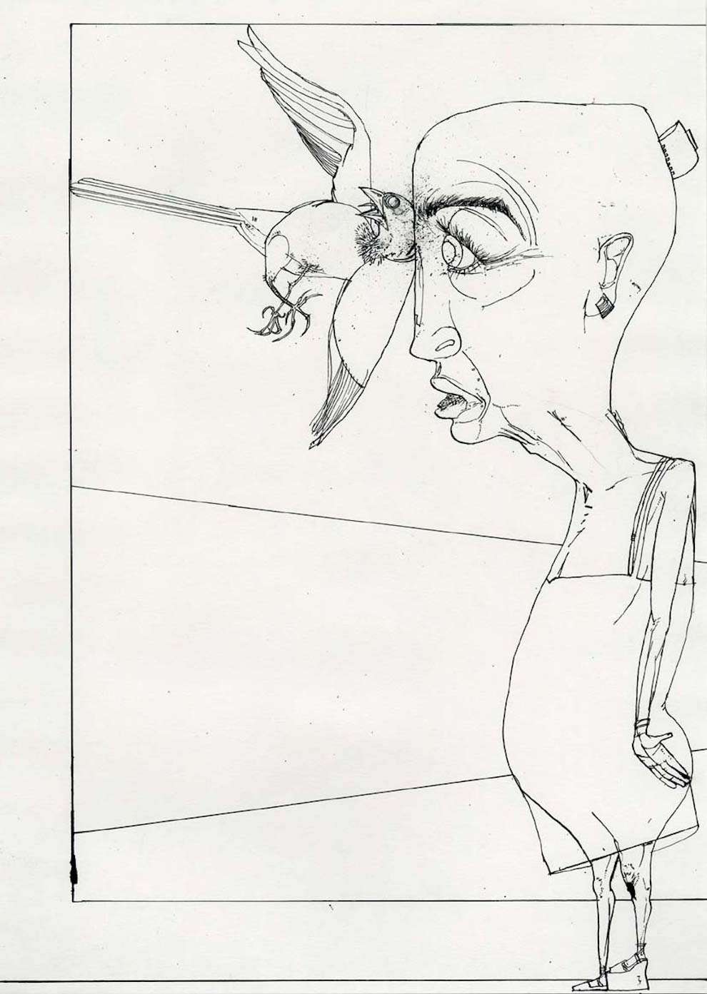 David Hughes, Line art unproportional satirical illustration of a bird  crashing on a woman's head